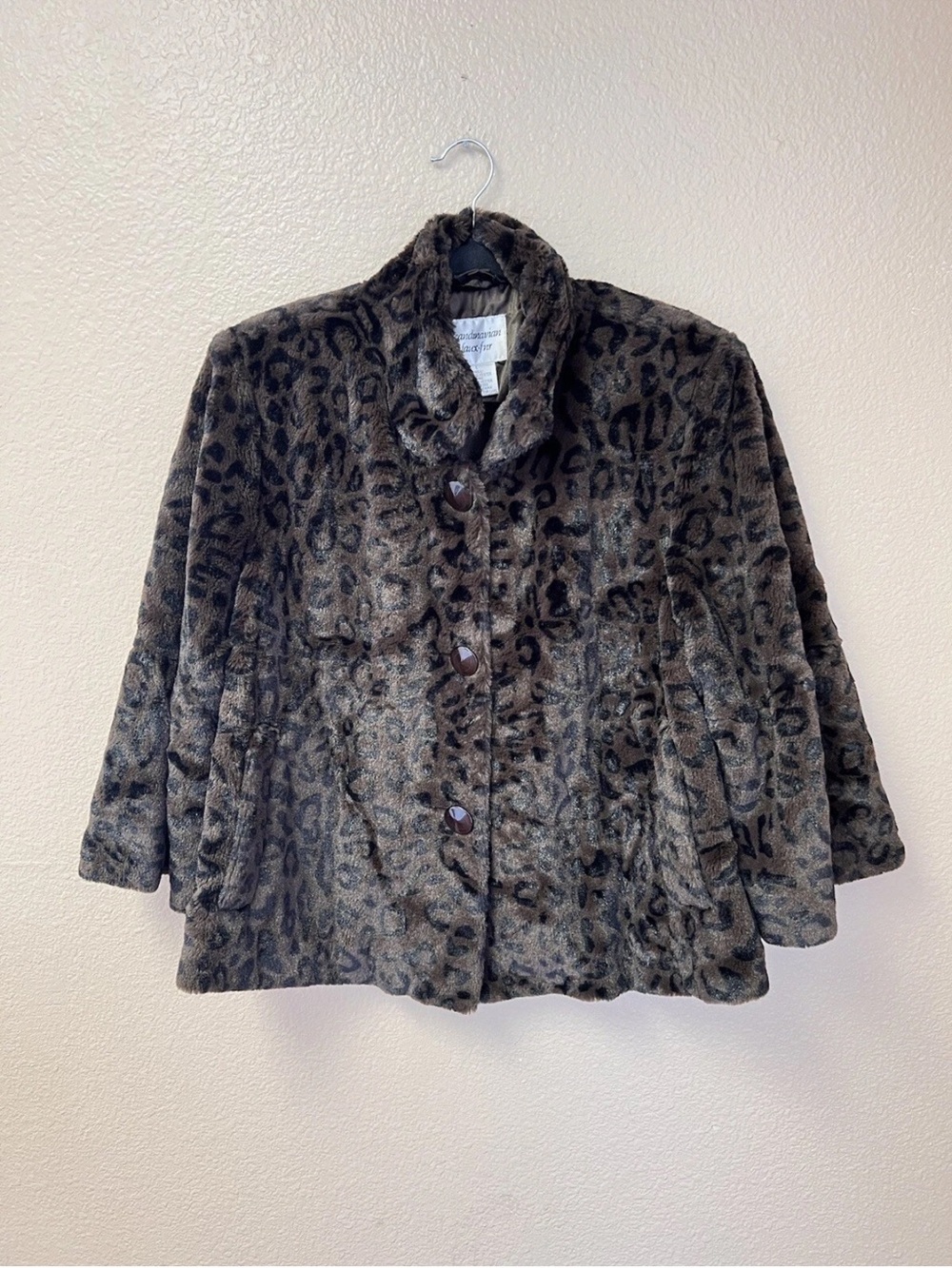 Scandinavian Faux Fur Vintage Bell Sleeve Leopard Swing Coat Size L